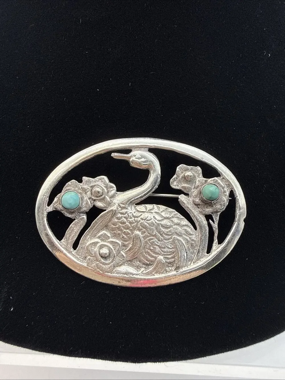 MEXICO 925 Silver Vintage Antique Turquoise Floral Duck Swan Brooch Pin 14.44g